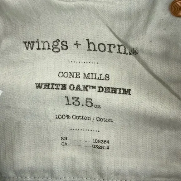 Wings + Horns Men Size 36x34 Cone Mills Selvedge Raw Denim